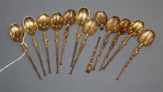 A set of twelve 1950s silver gilt coffee spoons (one a.f.).